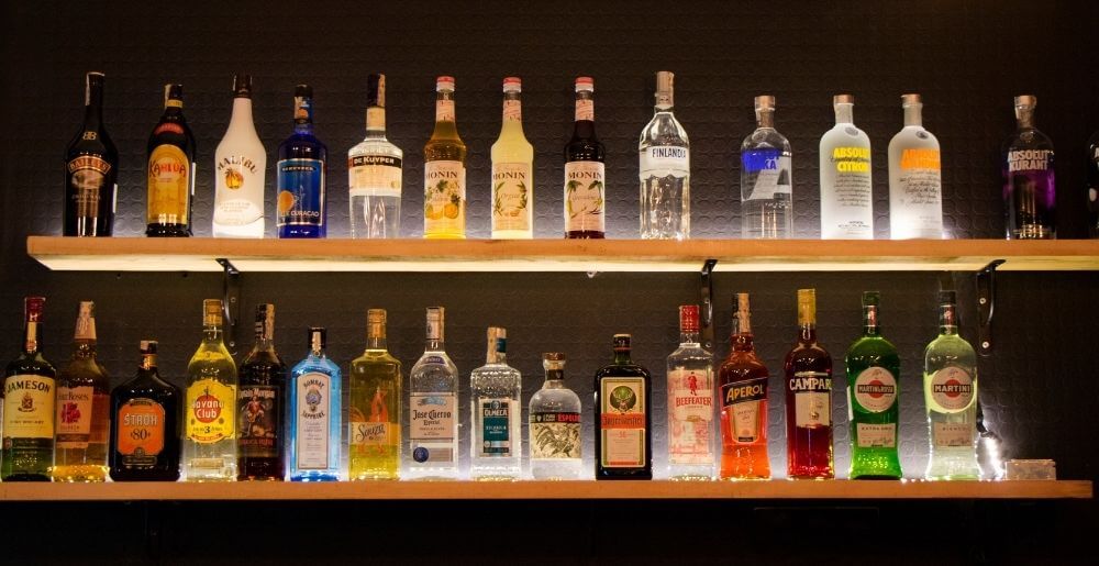 Assorted Spirits on Bar Shelf